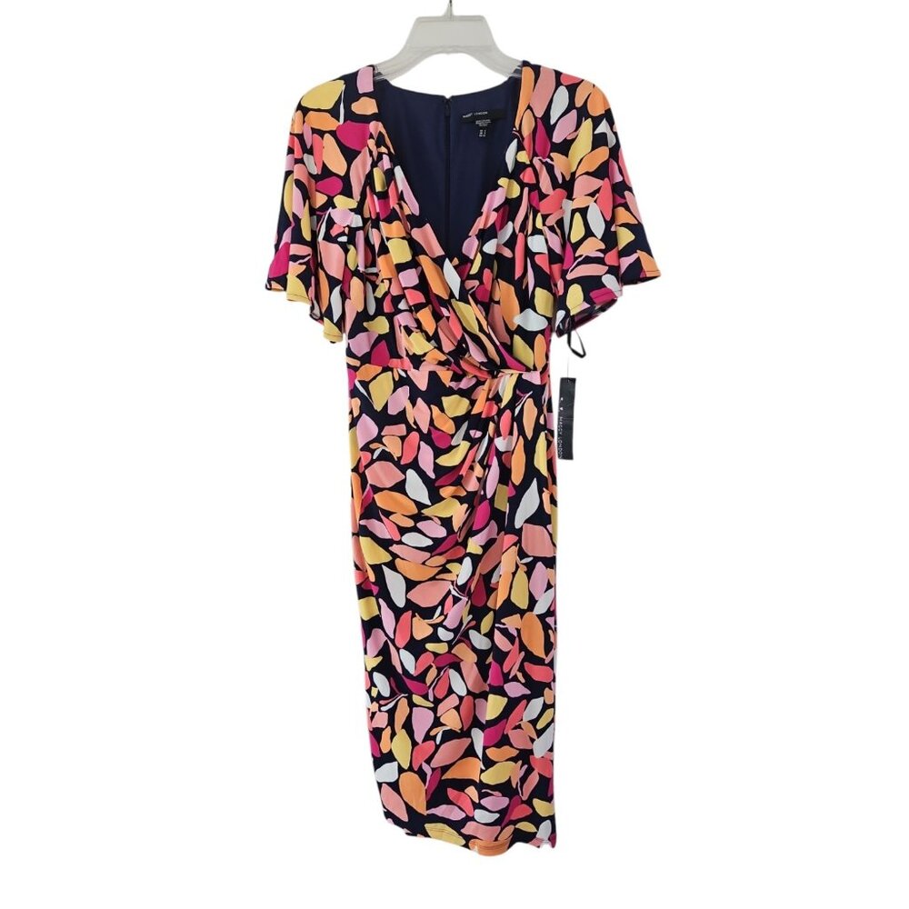 MAGGY LONDON Size 2 Coral Floral Printed Flutter Sleeve Faux Wrap Dress NEW